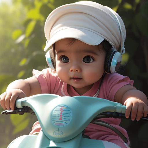 a cute indian 8 montndian clothes), cute, big (turquoise eye color: 0.1), innocent, silky hairs, 8mm, realistic, delicate, beautiful, riding cycle, wearing headphones, wearing cap, cheerful, outdoors, detailed background, vibrant bright glowing contour, <lora:md:0.4>