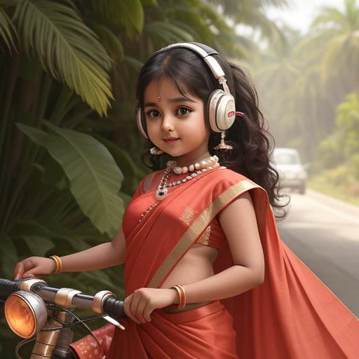 a cute indian girl 8 montndian clothes), cute, big (turquoise eye color: 0.1), innocent, silky hairs, 8mm, realistic, delicate, beautiful, riding cycle, wearing headphones, long sily hairs, wearing red saree, pearl jewellery around neck, cheerful, outdoors, detailed background, vibrant bright glowing contour, <lora:md:0.2> <lora:Btflindngds:0.1>