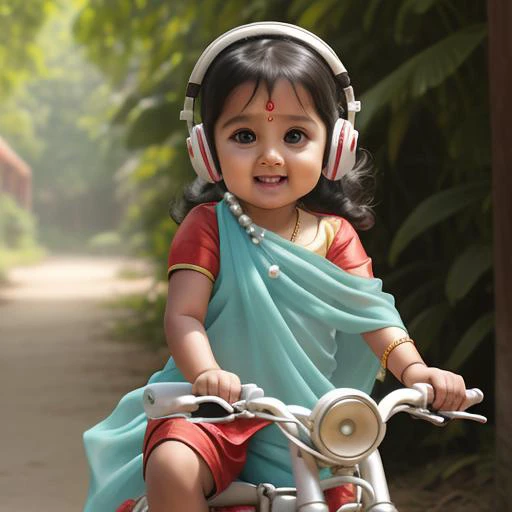 a cute indian girl 8 montndian clothes), cute, big (turquoise eye color: 0.1), innocent, silky hairs, 8mm, realistic, delicate, beautiful, riding cycle, wearing headphones, long sily hairs, wearing red saree, no clothes, pearl jewellery around neck, cheerful, outdoors, detailed background, vibrant bright glowing contour, <lora:md:0.4>