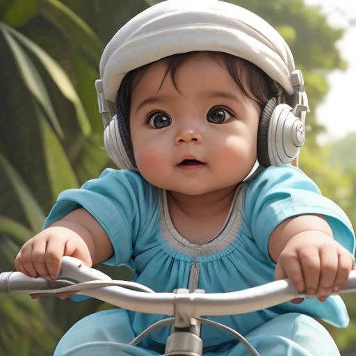a cute indian 8 montndian clothes), cute, big (turquoise eye color: 0.1), innocent, silky hairs, 8mm, realistic, delicate, beautiful, riding cycle, wearing headphones, wearing cap, cheerful, outdoors, detailed background, <lora:md:0.4>