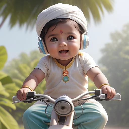 acute indian 8 montndian clothes), cute, big (turquoise eye color: 0.1), innocent, silky hairs, 8mm, realistic, delicate, beautiful, riding cycle, wearing headphones, wearing cap, wearing dhoti, no clothes, jewellery on neck, cheerful, outdoors, detailed background, vibrant bright glowing contour, <lora:md:0.4>