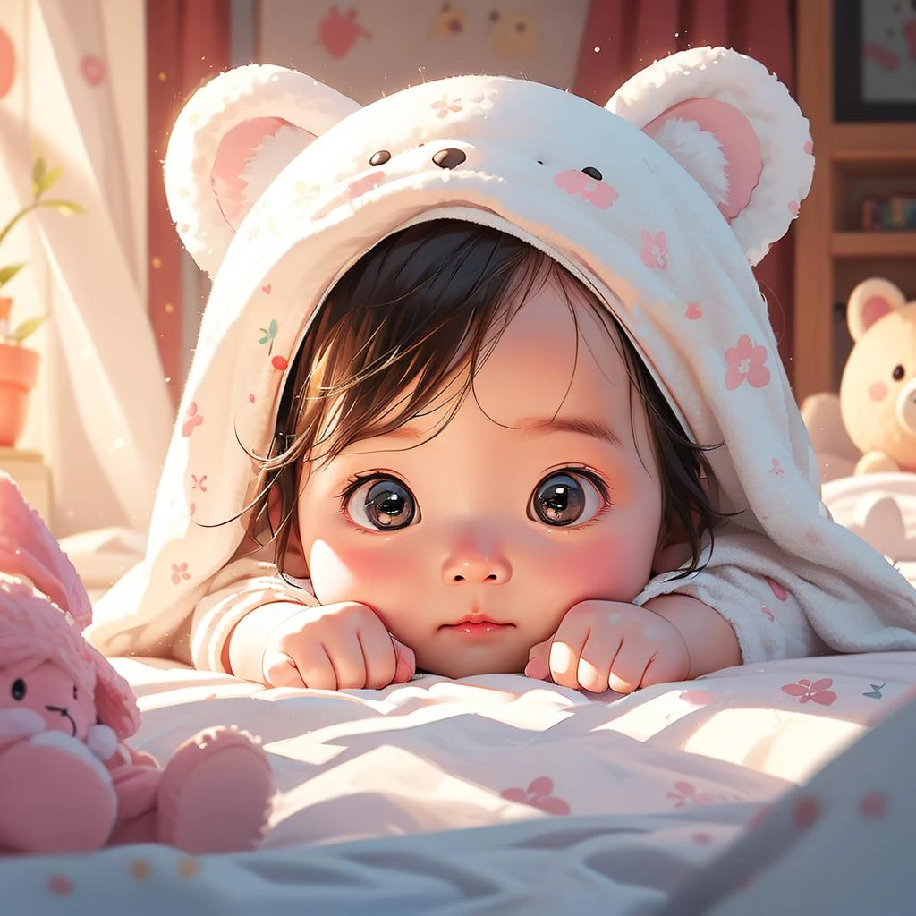 masterpiece,best quality,ultra-detailed,1girl,,depth of field,stuffed toy,on the bed,curtains,hat,animal ears,<lora:好忥:0.7>,