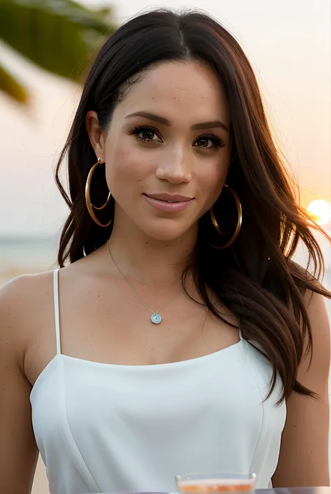 photo of (Megh4nM4rkl301:0.99),a beautiful woman, (closeup portrait:1.2), sitting at a (table on a beach bar drinks cocktails:1.2) wearing a (summer dress 1.3), necklace, hoop earrings, (drinks on table:1.3), background details, (masterpiece:1.2), (photorealistic:1.2), (bokeh:1.2), (best quality), (color grading), (detailed skin:1.3), (intricate), (8k) ,(HDR), (cinematic lighting:1.3) ,(sharp focus), (sun setting:1.1)