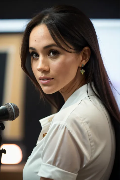 best quality raw photo of (Megh4nM4rkl301:0.99), a woman as a presenter in radio show, modelshoot style, (extremely detailed CG unity 8k wallpaper), photo of the most beautiful artwork in the world, professional majestic oil painting by Ed Blinkey, Atey Ghailan, Studio Ghibli, by Jeremy Mann, Greg Manchess, Antonio Moro, trending on ArtStation, trending on CGSociety, Intricate, High Detail, Sharp focus, dramatic, photorealistic painting art by midjourney and greg rutkowski, (shirt and pants:1.1), ((radio studio)), ((recording a radio show)), ((bbc radio)), (looking at the camera:1.2), (detailed pupils:1.3), (earrings:1.2), (closeup:1.2), (shoulder duster earrings:1.2), (glossy lips:1.2)