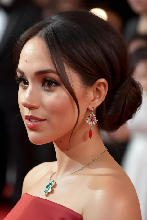 best quality raw photo of (Megh4nM4rkl301:0.99), a woman as a movie star, modelshoot style, (extremely detailed CG unity 8k wallpaper), photo of the most beautiful artwork in the world, professional majestic oil painting by Ed Blinkey, Atey Ghailan, Studio Ghibli, by Jeremy Mann, Greg Manchess, Antonio Moro, trending on ArtStation, trending on CGSociety, Intricate, High Detail, Sharp focus, dramatic, photorealistic painting art by midjourney and greg rutkowski, (sexy taffeta:1.1), ((movie premiere)), ((standing on the red carpet)), ((paparazzi in the background)), (looking at the camera:1.2), (detailed pupils:1.3), (earrings:1.2), (closeup:1.2), (necklace), (red lips)