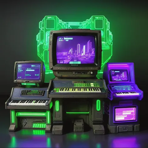 old pc,1 big monitor, 2 small displays, (piano keyboard:1.2), product photo, Pip-boy, fallout, ( retro cyber tech ), reflective, f 8 aperture, a 3D render, new objectivity, cyberpunk style, green glow, purple glow, dark room, <lora:Cyber_Tech_sdxl:1>