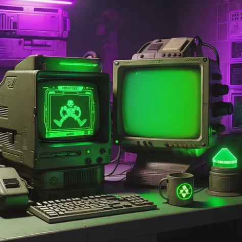 old pc,1 big monitor, 2 small displays, product photo, Pip-boy, fallout, ( retro cyber tech ), reflective, f 8 aperture, a 3D render, new objectivity,  cyberpunk style, green glow, purple glow, dark room, <lora:Cyber_Tech_sdxl:1>