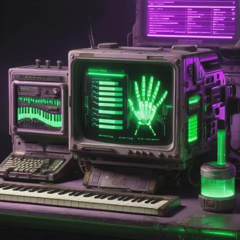 old pc,1 big monitor, 2 small displays, (piano keyboard:1.3), product photo, Pip-boy, fallout, ( retro cyber tech ), reflective, f 8 aperture, a 3D render, new objectivity,  cyberpunk style, green glow, purple glow, dark room, <lora:Cyber_Tech_sdxl:1> <lora:CyberPunkAIp:0.7>