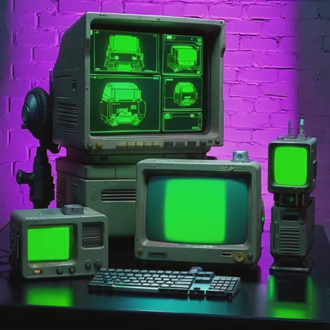 old pc,1 big monitor, 2 small displays, product photo, Pip-boy, fallout, ( retro cyber tech ), reflective, f 8 aperture, a 3D render, new objectivity, cyberpunk style, green glow, purple glow, dark room, <lora:Cyber_Tech_sdxl:1>