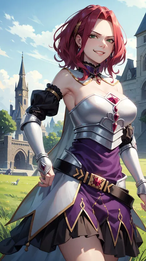(masterpiece, Best Quality:1.4), looking at the viewer, cowboy shot, affected smile, malty melromarc, Red hair, by the wide, green eyes, big fat body, about 120 kilos in weight, exposed cleavage, big breasts, big breasts, ropa ajustada a su big fat body, hair ornament, earrings, jewelry, armor, armored dress, dress, separate sleeves, breastplate, purple skirt, belt, outdoor, grass, castillo,