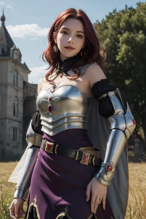 (masterpiece, best quality:1.4), looking at viewer, cowboy shot, smirk, malty melromarc, red hair, long hair, green eyes, hair ornament, earrings, jewelry, armor, armored dress, dress, detached sleeves, breastplate, purple skirt, belt, outdoors, grass, castle, <lora:malty_melromarc_v1:0.7>