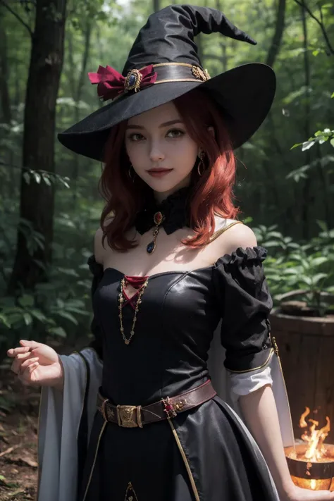 (masterpiece, best quality:1.4), looking at viewer, smirk, cowboy shot, malty melromarc, red hair, long hair, green eyes, hair ornament, earrings, witch, frilled dress, witch hat, outdoors, night, forest, fireflies, <lora:malty_melromarc_v1:0.7>