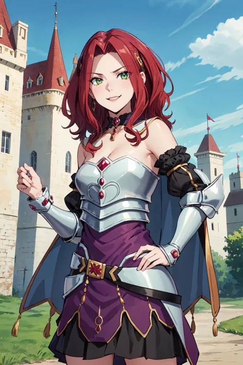 masterpiece, best quality, highres,
cowboy shot,
malty melromarc,
1girl, solo, red hair, long hair, looking at viewer, green eyes, smirk,
choker, small cape, armor, cleavage, breastplate, armored dress, detached sleeves, belt, purple skirt,
standing,
outdoors, castle,
<lora:shield_hero_malty_melromarc_v1:0.7>