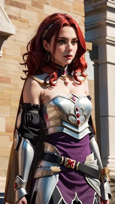 masterpiece, best quality, 1girl,  <lora:malty_melromarc_v1:0.8> malty melromarc, red hair, long hair, green eyes, hair ornament, earrings, jewelry, armor, armored dress, dress, detached sleeves, breastplate, purple skirt, belt,