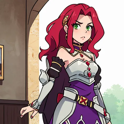 masterpiece, best quality, 1girl,  <lora:malty_melromarc_v1:0.8> malty melromarc, red hair, long hair, green eyes, hair ornament, earrings, jewelry, armor, armored dress, dress, detached sleeves, breastplate, purple skirt, belt