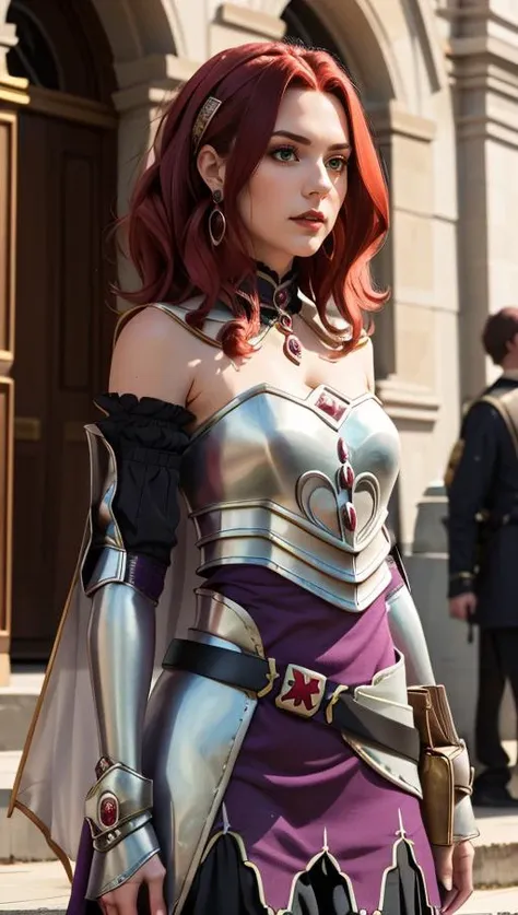 masterpiece, best quality, 1girl,  <lora:malty_melromarc_v1:0.8> malty melromarc, red hair, long hair, green eyes, hair ornament, earrings, jewelry, armor, armored dress, dress, detached sleeves, breastplate, purple skirt, belt,