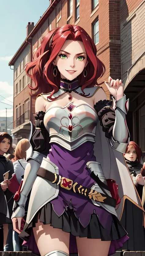 masterpiece, best quality, 1girl,  <lora:malty_melromarc_v1:0.8> malty melromarc, red hair, long hair, green eyes, hair ornament, earrings, jewelry, armor, armored dress, dress, detached sleeves, breastplate, purple skirt, belt, anime screencap, evil smile, from below, trample,