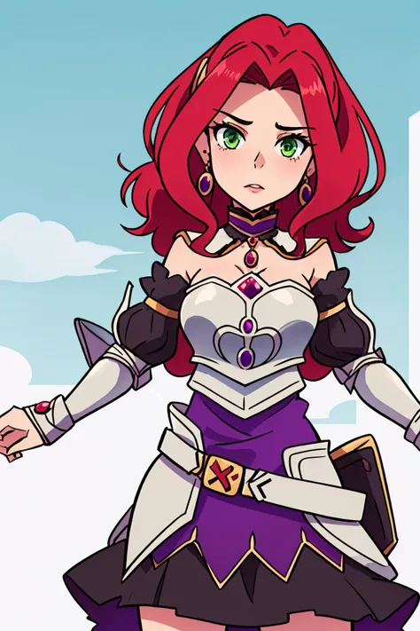 masterpiece, best quality, 1girl,  <lora:malty_melromarc_v1:0.8> malty melromarc, red hair, long hair, green eyes, hair ornament, earrings, jewelry, armor, armored dress, dress, detached sleeves, breastplate, purple skirt, belt