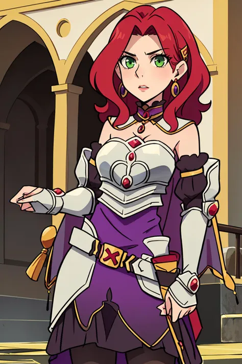 masterpiece, best quality, 1girl,  <lora:malty_melromarc_v1:0.8> malty melromarc, red hair, long hair, green eyes, hair ornament, earrings, jewelry, armor, armored dress, dress, detached sleeves, breastplate, purple skirt, belt