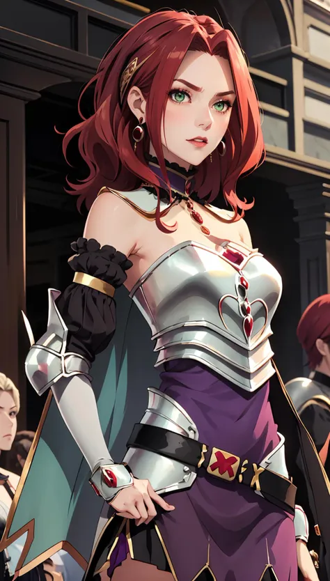 masterpiece, best quality, 1girl,  <lora:malty_melromarc_v1:0.8> malty melromarc, red hair, long hair, green eyes, hair ornament, earrings, jewelry, armor, armored dress, dress, detached sleeves, breastplate, purple skirt, belt, anime screencap, hands on hips,