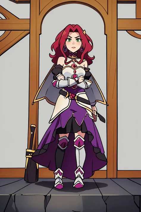 masterpiece, best quality, 1girl, <lora:malty_melromarc_v1:0.8> malty melromarc, red hair, long hair, green eyes, hair ornament, earrings, jewelry, armor, armored dress, dress, detached sleeves, breastplate, purple skirt, belt, anime screencap,