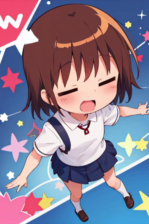 masterpiece, best quality,ultra detail, 1girl,happy ,from above, long hair, <lora:GoodHands-vanilla:0.7>,petite,girl,yasuna oribe <lora:yasuna-killmebaby:0.7>,open mouth,smile,shock pose,roar of laughter <lora:hotarueye_comic1_v100:1>,knock out,school uniform