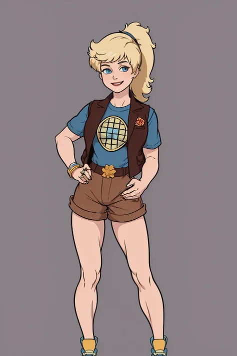 masterpiece, best quality, 1girl, linka, blonde hair, ponytail, blue eyes, vest, shirt, brown shorts, belt, shoes, looking at viewer, ring, standing, contrapposto, smile, solo, simple background <lora:Linka:1>