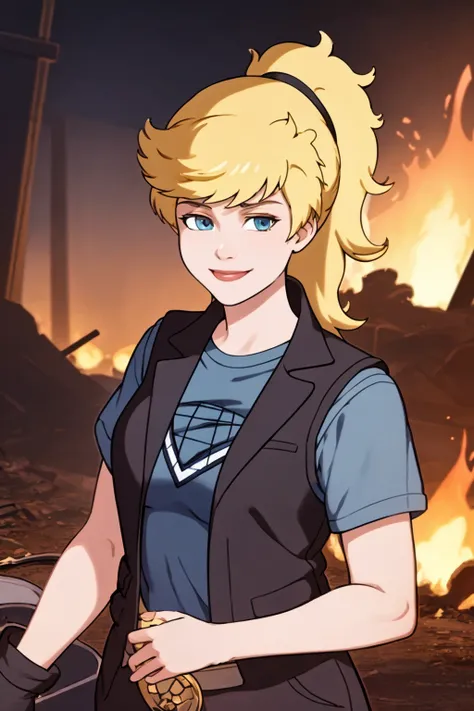 masterpiece, best quality, 1girl, linka, blonde hair, ponytail, blue eyes, black vest, blue shirt, looking at viewer, smile, fire, dirty, solo, smog, mist, nuclear, toxic waste, devastated background <lora:Linka:1>