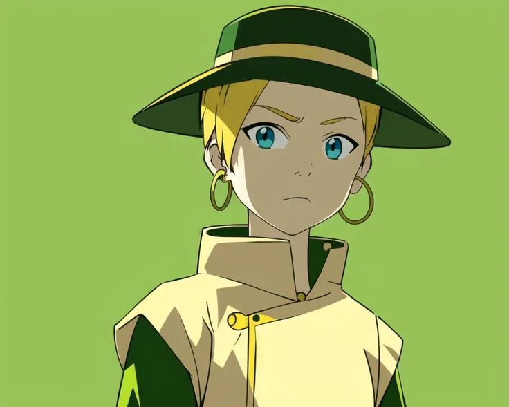 the last airbender <lora:the_last_airbender_offset:1.2> , best quality, masterpiece, 1girl, aqua eyes, baseball cap, blonde hair, closed mouth, earrings, green background, hat, hoop earrings, jewelry, looking at viewer, shirt, short hair, simple background, solo, upper body, yellow shirt