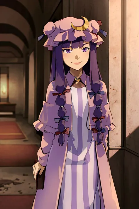 the last airbender <lora:the_last_airbender_offset:1.2> ,
patchouli knowledge, 1girl, dress, (purple hair, purple eyes:1), long hair, mob cap, crescent hat ornament, ribbon, dress, <lora:patchouli:0.9>, smile,