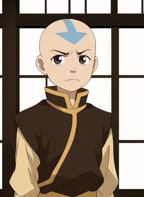 the last airbender <lora:the_last_airbender_offset:1> solo, male focus, 1boy, bald, parody, upper body, frown, black eyes, forehead mark, indoors