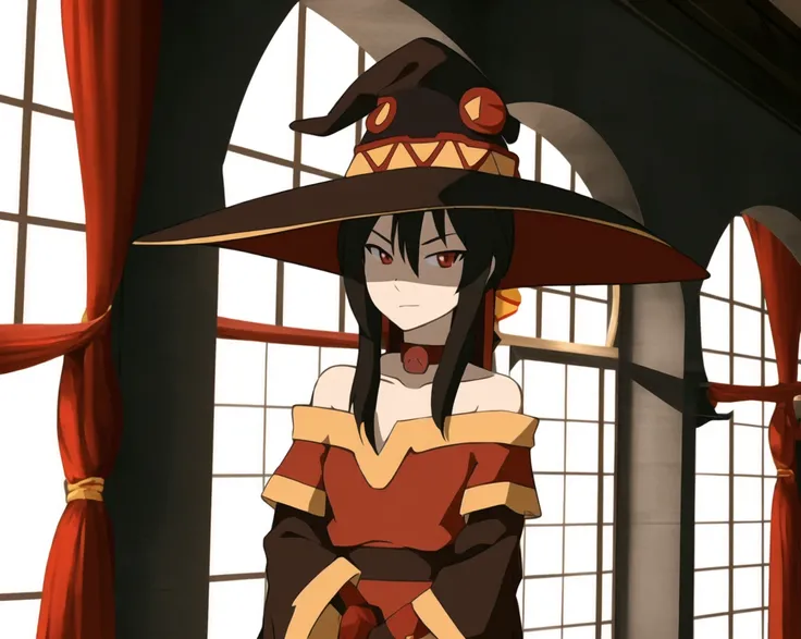 the last airbender <lora:the_last_airbender_offset:1.2> , best quality, masterpiece, megumin, 1girl, bare shoulders, black cape, black gloves, black hair, cape, choker, collarbone, dress, hair between eyes, hat, long sleeves, looking at viewer, medium hair, off-shoulder dress, off shoulder, red dress, red eyes, sidelocks, solo, witch hat, indoors,