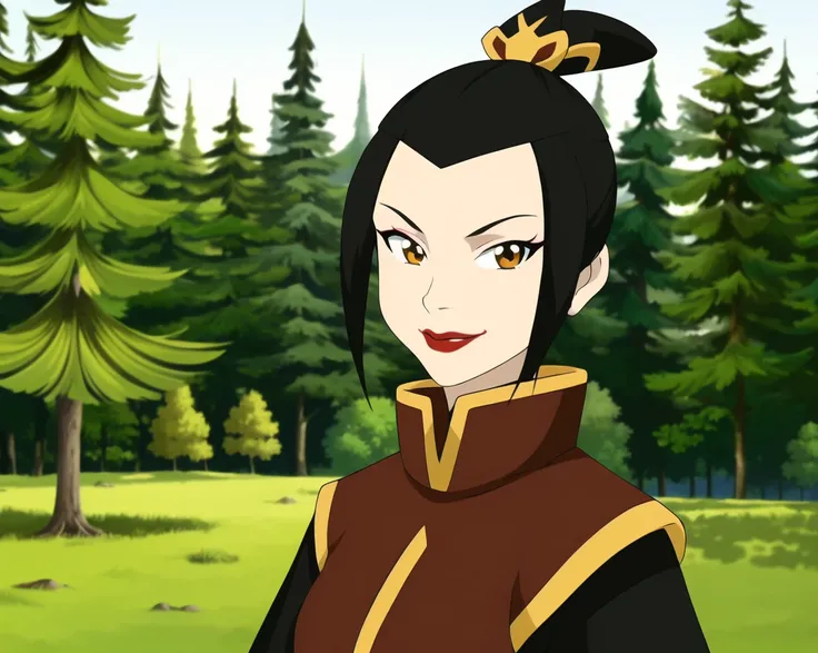 the last airbender <lora:the_last_airbender_offset:1.2> , best quality, masterpiece, 1girl, solo, black hair, brown eyes, lipstick, sidelocks, tree, nature, topknot, upper body, , forest, outdoors, smile, short hair, hair ornament