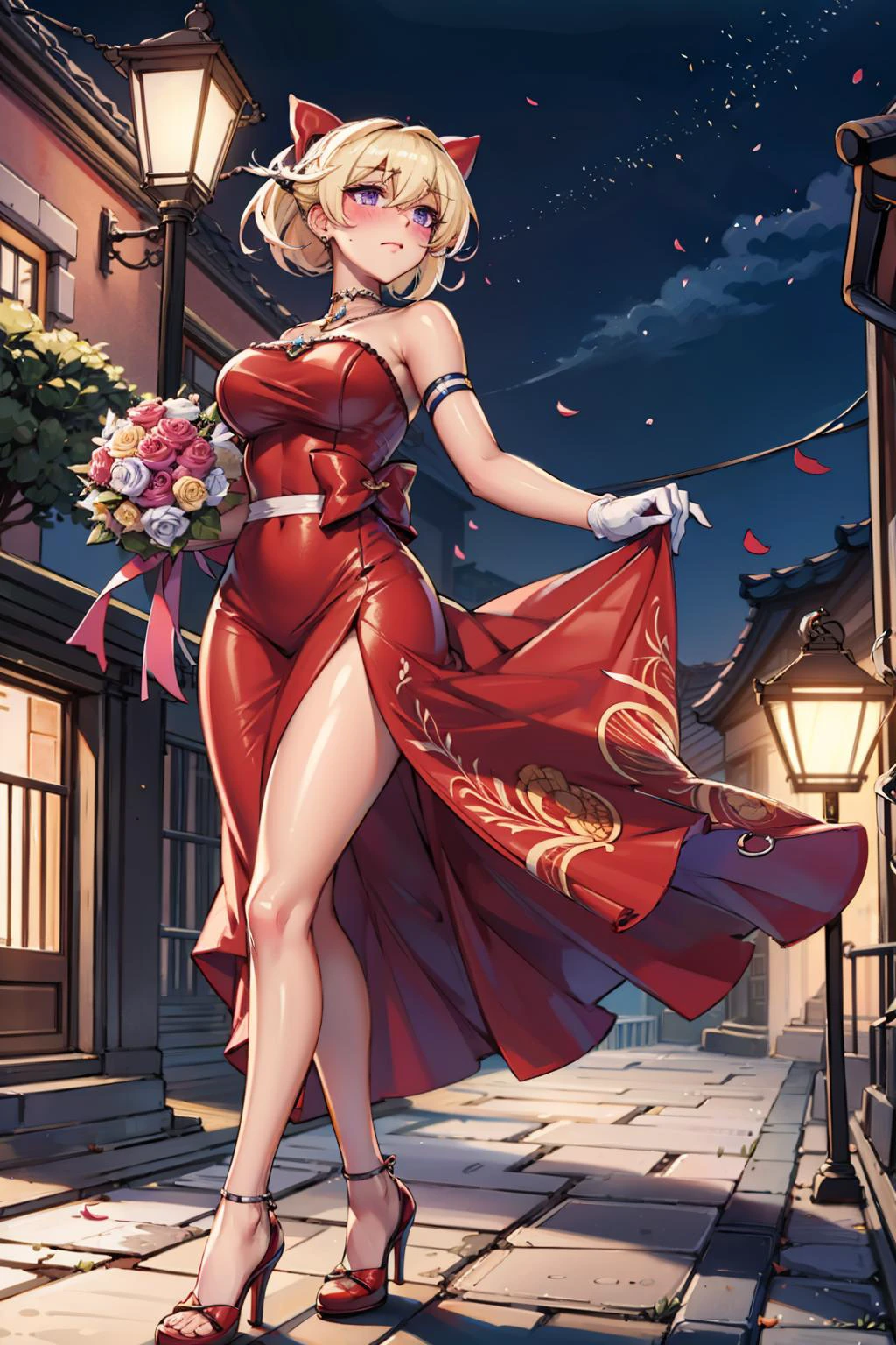 1girl,mature female,shiny skin,
<lora:louisaQT:0.7>,louisa,bangs,blonde hair,purple eyes,
blush,eyebrows visible through hair,
hair between eyes,highleg,
BREAK
bridal, white gloves, holding bouquet, skirt hold,high heels, lantern, petals, choker, bow,<lora:RedBridal-10:0.8>