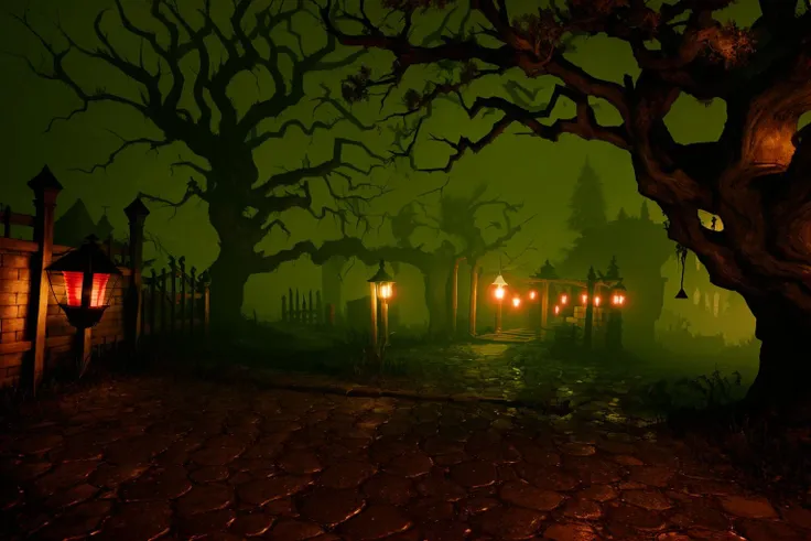 Concept art, eerie horror scenes, western magic style, tree, scenery, outdoors, no humans, night, bare tree, lantern, road, building, fantasy<lora:Scary scenes:1>,