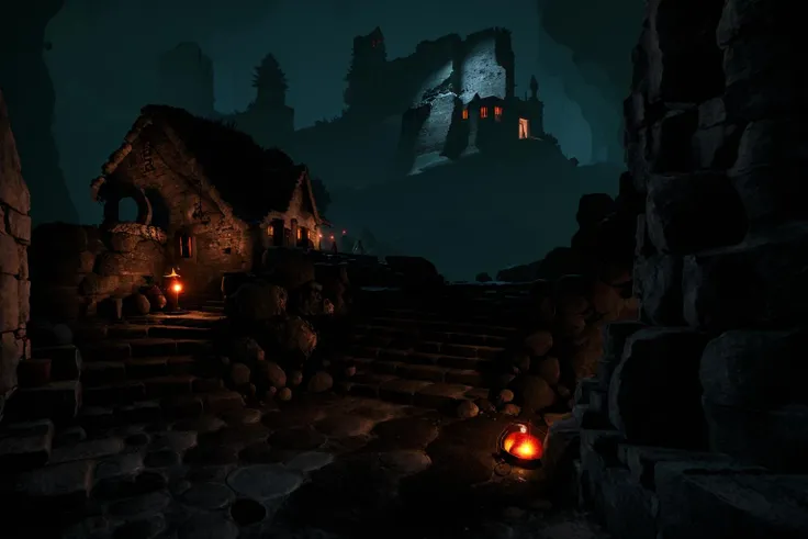 Concept art,eerie horror scenes,western magic style,stairs,scenery,ruins,sitting,fire,cave,outdoors,campfire,standing,moon,dark,night,rock,lantern,<lora:Scary scenes:1>,
