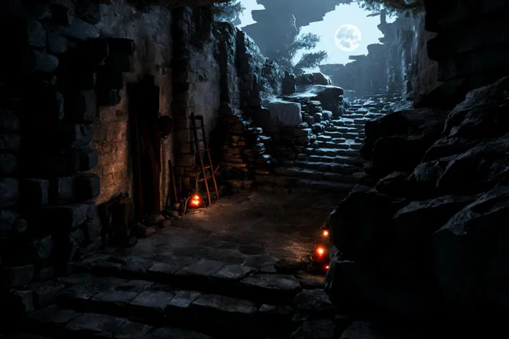 Concept art,eerie horror scenes,western magic style,stairs,scenery,ruins,sitting,fire,cave,outdoors,campfire,standing,moon,dark,night,rock,lantern,<lora:Scary scenes:1>,