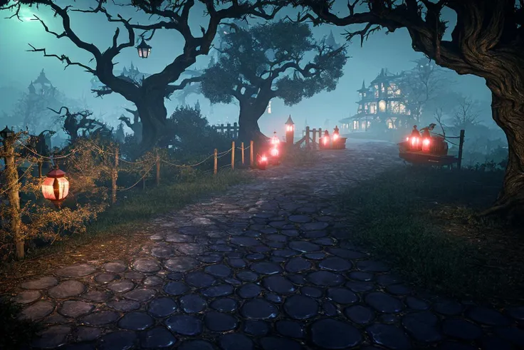 Concept art, eerie horror scenes, western magic style, tree, scenery, outdoors, no humans, night, bare tree, lantern, road, building, fantasy<lora:Scary scenes:1>,