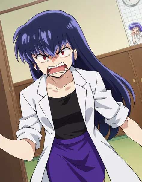 score_9, score_8_up, score_7_up, source_anime,
uruseiyatsurasakura, <lora:urusei-sakura-ponyxl-lora-nochekaiser:1>,
sakura, long hair, purple hair, red eyes, angry, anger vein, shouting, open mouth,
labcoat, white labcoat, collarbone, shirt, black shirt, skirt, pencil skirt, purple skirt,
indoors, infirmary,
looking at viewer, cowboy shot, dutch angle,
