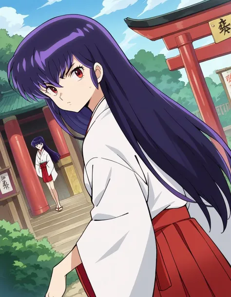 score_9, score_8_up, score_7_up, source_anime,
uruseiyatsurasakura, <lora:urusei-sakura-ponyxl-lora-nochekaiser:1>,
sakura, long hair, purple hair, red eyes,
skirt, japanese clothes, wide sleeves, kimono, hakama, hakama skirt, white kimono, miko, red hakama,
outdoors, shrine,
looking at viewer, cowboy shot, dutch angle,