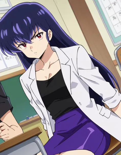 score_9, score_8_up, score_7_up, source_anime,
uruseiyatsurasakura, <lora:urusei-sakura-ponyxl-lora-nochekaiser:1>,
sakura, long hair, purple hair, red eyes,
labcoat, white labcoat, collarbone, shirt, black shirt, skirt, pencil skirt, purple skirt,
indoors, infirmary, sitting, chair, desk,
looking at viewer, cowboy shot, dutch angle,
