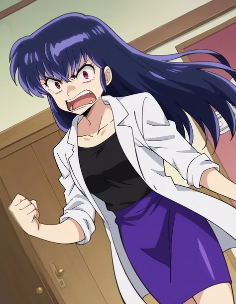 score_9, score_8_up, score_7_up, source_anime,
uruseiyatsurasakura, <lora:urusei-sakura-ponyxl-lora-nochekaiser:1>,
sakura, long hair, purple hair, red eyes, angry, anger vein, shouting, open mouth,
labcoat, white labcoat, collarbone, shirt, black shirt, skirt, pencil skirt, purple skirt,
indoors, infirmary,
looking at viewer, cowboy shot, dutch angle,