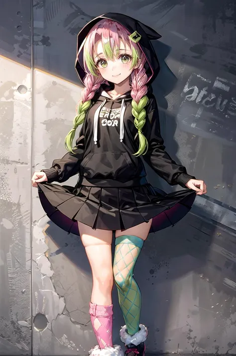 (masterpiece, best quality, detailed), 1girl, solo, looking at viewer, aamitsuri, (mole under eye:0.8), multicolored hair, long hair, twin braids, bangs,
<lora:edgRaveGirls:1>, edgRavegirl, socks, hood, miniskirt, (multicolored clothes, colorful, multicolored skirt, multicolored legwear), fishnets, fur leg warmers, skirt, hood up, <lora:CONCEPT_graffiti_wall_ownwaifu:0.7>, CONCEPT_graffiti_wall_ownwaifu, www.ownwaifu.com, (graffiti:1.2), brick wall, skirt lift, smile, closed mouth, blush