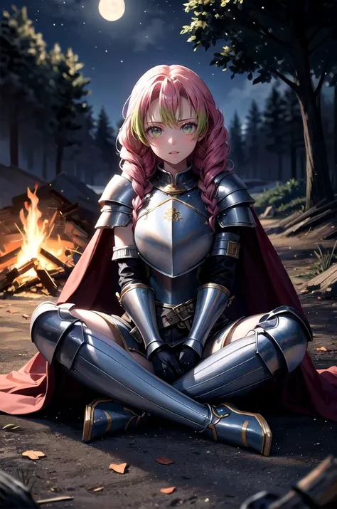 (masterpiece, best quality, detailed), 1girl, solo, looking at viewer, aamitsuri, (mole under eye:0.8), multicolored hair, long hair, twin braids, bangs,
armor, breastplate, armored dress, cape, full armor, knight, gloves, shoulder armor, (campfire), night, nature, night sky, forest, full body, indian style, hands on feet, serious, parted lips