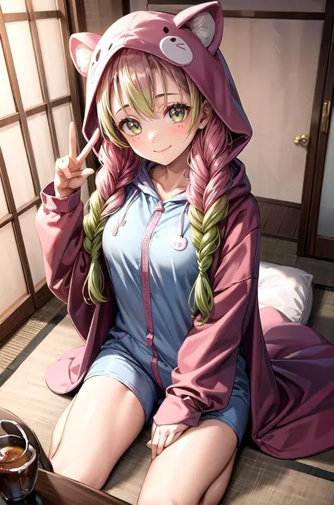 (masterpiece, best quality, detailed), 1girl, solo, looking at viewer, aamitsuri, (mole under eye:0.8), multicolored hair, long hair, twin braids, bangs,
onesie, animal hood, animal costume, hood up, indoors, tatami, sliding doors, cushion, peace sign, smile, closed mouth, blush