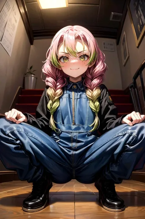 (masterpiece, best quality, detailed), 1girl, solo, looking at viewer, aamitsuri, (mole under eye:0.8), multicolored hair, long hair, twin braids, bangs,
(mechanic, orange jumpsuit), stairs, indoors, stairwell, dark, night, shadow, fisheye, squatting, from below, spread legs, smile, closed mouth, smug, v-shaped eyebrows, nose blush
