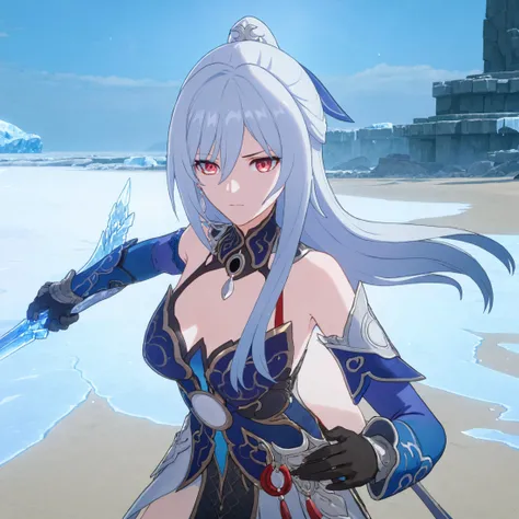 masterpiece, best quality, (1girl), high resolution, 4k, 8k, wallpaper, solo, (fighting pose:1.5), beach, sun,day, angry, (large breasts:1.2), hair ornament, jewelry, earring, gloves,dress, red eyes,close-up, ice sword, holding sword,
<lora:jingliu_XL_Lycoris_reg_r4-000046:0.57>
