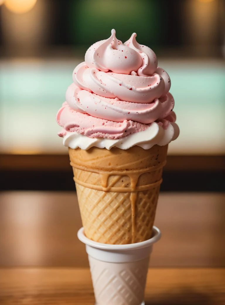 a ice cream ((realism)), extremely high quality RAW photograph, ultra detailed photograph, sharp focus, high resolution, high quality, film grain, Fujifilm XT3,Highly Detailed,(Cinematic Photo:1.3), in table