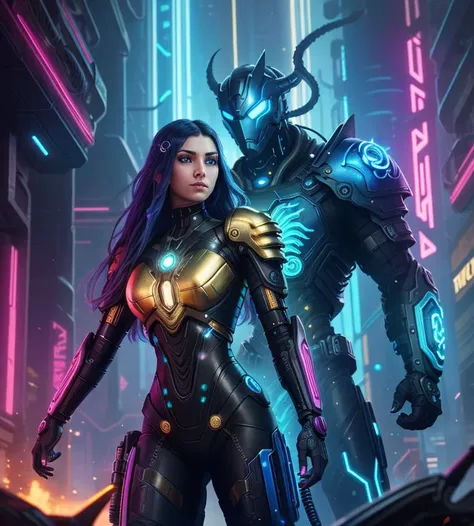 Cybernetic iron female and blue dragon near her with gold inserts on the cover in cyberpunk style with neon illumination, shoulders bare : Black Ink Flow: 8k photorealistic masterpiece, intricately detailed liquid gouacheintricately detailed, complex, elegant, expansive, fantasy background