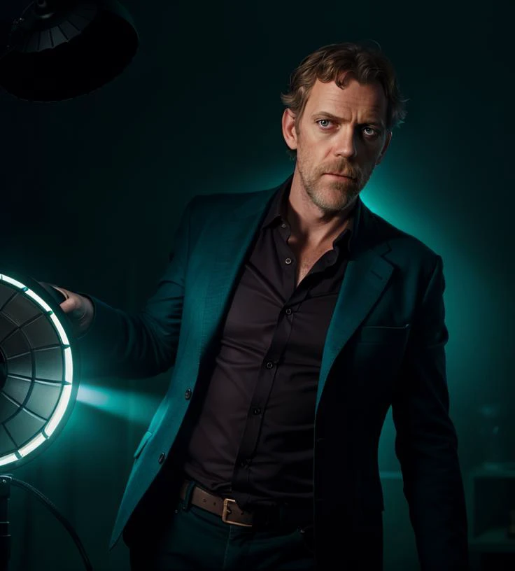 portrait of a award winning photo of hugh laurie posing in a dark studio, (rim lighting,:1.4) two tone lighting, sharp focus, teal hue, octane, unreal, dimly lit, low key